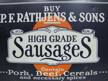 Load image into Gallery viewer, RATHJENS & SONS SAUSAGES Old Ad Tin Sign PORK BEEF CEREAL SPICE AAW COSHOCTON O