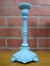 Load image into Gallery viewer, SERPENT SNAKE KOI DRAGON FISH Antique Pair Blue Milkglass Candlesticks Ornate