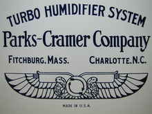 Load image into Gallery viewer, PARKS-CRAMER Co TURBO HUMIDIFIER SYSTEM Antique Porcelain Sign Made in USA Logo