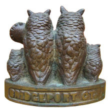 Load image into Gallery viewer, DE OXIDIZED M Co BRIDGEPORT Ct Owl Family Anique Bronze Advertising Paperweight
