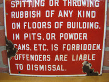 Load image into Gallery viewer, SPITTING OR THROWING RUBBISH FORBIDDEN OFFENDERS DISMISSAL Old Porcelain Sign