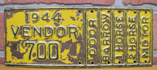 Load image into Gallery viewer, 1944 VENDOR Embossed Tin Truck Auto Plate Sign DOOR BARROW 1 HORSE 2 HORSE MOTOR