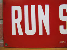 Load image into Gallery viewer, SCHOOL ZONE RUN SLOW Orig Old Porcelain Sign KURTZ BROS CLEARFIELD PA Safety Ad