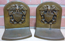 Load image into Gallery viewer, American Eagle Shield Crest Anchors Navy Antique Brass Decorative Art Bookends