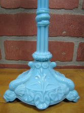 Load image into Gallery viewer, SERPENT SNAKE KOI DRAGON FISH Antique Pair Blue Milkglass Candlesticks Ornate