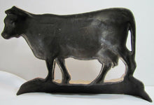 Load image into Gallery viewer, Cow Old Cast Iron Porcelain Enamel Doorstop Farm Butcher Shop Advertising Statue