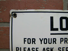 Load image into Gallery viewer, LOCKED FOR YOUR PROTECTION Old Porcelain Restroom Ad Sign ASK SERVICE FOR KEY