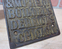 Load image into Gallery viewer, SASGEN DERRICK Co BUILDERS DERRICKS CHICAGO Original Old Cast Iron Plaque Sign