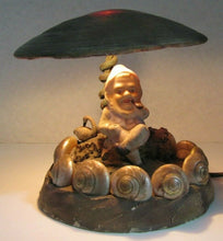 Load image into Gallery viewer, Folk Art Gnome Elf Troll w Swan Asbury Park New Jersey Old Souvenir Shell Lamp