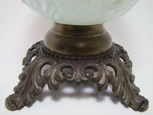 Load image into Gallery viewer, 19c Victorian Milk Glass Spider Web Flowers Oil Lamp FG Co Cast Iron Base Ornate