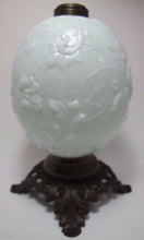 Load image into Gallery viewer, 19c Victorian Milk Glass Spider Web Flowers Oil Lamp FG Co Cast Iron Base Ornate