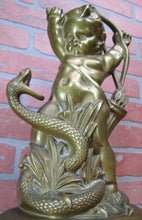 Load image into Gallery viewer, 19c PUTTI CHERUB FIGHTING SERPENT SNAKE Bronze Decorative Arts Doorstop Statue