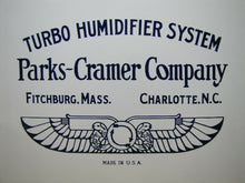 Load image into Gallery viewer, PARKS-CRAMER Co TURBO HUMIDIFIER SYSTEM Antique Porcelain Sign Made in USA Logo