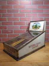 Load image into Gallery viewer, NATURAL BLOOM CIGARS Antique Cigar Store Display Case Tin Litho Sign PROPERTY OF HARRY BLUM NYC FELDHUHN DISPLAY CASE Co NYC