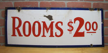 Load image into Gallery viewer, ROOMS $2.00 Old Double Sided Porcelain Advertising Sign Motel 1940s-50s Miami Fl