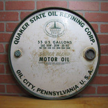 Load image into Gallery viewer, QUAKER STATE MOTOR OIL 55g Barrel Top Can Sign Advertising OIL CITY PENNSYLVANIA
