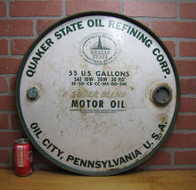Load image into Gallery viewer, QUAKER STATE MOTOR OIL 55g Barrel Top Can Sign Advertising OIL CITY PENNSYLVANIA