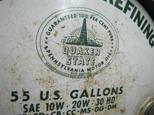 Load image into Gallery viewer, QUAKER STATE MOTOR OIL 55g Barrel Top Can Sign Advertising OIL CITY PENNSYLVANIA