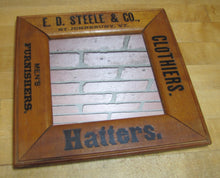 Load image into Gallery viewer, E D STEELE & Co ST JOHNSBURY VT CLOTHIERS HATTERS Antique Wooden Frame Advertising Mirror Sign Impressed Lettering
