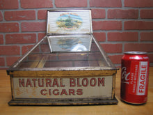 Load image into Gallery viewer, NATURAL BLOOM CIGARS Antique Cigar Store Display Case Tin Litho Sign PROPERTY OF HARRY BLUM NYC FELDHUHN DISPLAY CASE Co NYC
