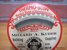 Load image into Gallery viewer, KUDER COAL ANTHRACITE BUILDING SUPPLIES Old Celluloid Advertising Thermometer THERMO-SCOPE