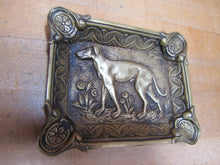 Load image into Gallery viewer, GREYHOUND Antique Brass Ashtray Tray Ornate Fine Detailing Flowers Floral Landscape Scrollwork
