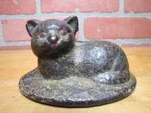 Load image into Gallery viewer, CAT LYING ON RUG Antique Cast Iron Kitty Kat Doorstop Decorative Art Statue Old Painted Surface