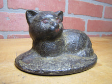 Load image into Gallery viewer, CAT LYING ON RUG Antique Cast Iron Kitty Kat Doorstop Decorative Art Statue Old Painted Surface