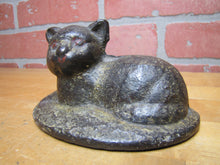 Load image into Gallery viewer, CAT LYING ON RUG Antique Cast Iron Kitty Kat Doorstop Decorative Art Statue Old Painted Surface