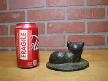 Load image into Gallery viewer, CAT LYING ON RUG Antique Cast Iron Kitty Kat Doorstop Decorative Art Statue Old Painted Surface