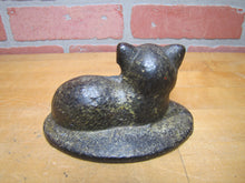 Load image into Gallery viewer, CAT LYING ON RUG Antique Cast Iron Kitty Kat Doorstop Decorative Art Statue Old Painted Surface