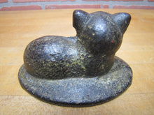 Load image into Gallery viewer, CAT LYING ON RUG Antique Cast Iron Kitty Kat Doorstop Decorative Art Statue Old Painted Surface