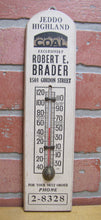 Load image into Gallery viewer, JEDDO HIGHLAND COAL Orig Old Wooden Advertising Thermometer Sign FLAMES Robert E Brader 1501 Gordon Street