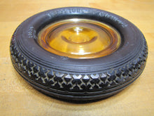Load image into Gallery viewer, FIRESTONE BALLOON TIRE Old Advertising Ashtray Tray Sign AMBER Glass HUBCAP