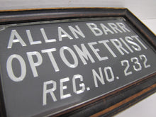 Load image into Gallery viewer, ALLAN BARR OPTOMETRIST Antique Advertising Sign Etched Metal Framed Under Glass Ornate Edge Design