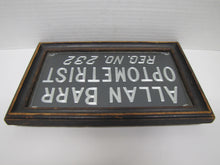 Load image into Gallery viewer, ALLAN BARR OPTOMETRIST Antique Advertising Sign Etched Metal Framed Under Glass Ornate Edge Design