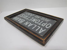 Load image into Gallery viewer, ALLAN BARR OPTOMETRIST Antique Advertising Sign Etched Metal Framed Under Glass Ornate Edge Design