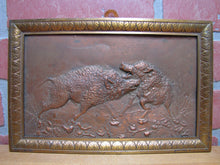 Load image into Gallery viewer, Antique Boars Fighting Copper Repousse High Relief Plaque Bronze Frame Ornate
