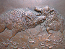 Load image into Gallery viewer, Antique Boars Fighting Copper Repousse High Relief Plaque Bronze Frame Ornate