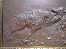 Load image into Gallery viewer, Antique Boars Fighting Copper Repousse High Relief Plaque Bronze Frame Ornate
