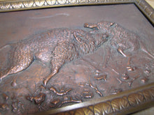 Load image into Gallery viewer, Antique Boars Fighting Copper Repousse High Relief Plaque Bronze Frame Ornate