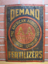 Load image into Gallery viewer, AMERICAN AGRICULTURAL FERTILIZERS Orig Old Feed Seed Farm Sign SHANK Co NEW YORK DEMAND AA QUALITY Embossed Tin Advertising Sign