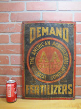 Load image into Gallery viewer, AMERICAN AGRICULTURAL FERTILIZERS Orig Old Feed Seed Farm Sign SHANK Co NEW YORK DEMAND AA QUALITY Embossed Tin Advertising Sign