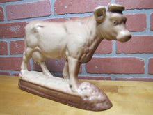 Load image into Gallery viewer, Cow Old Cast Iron Porcelain Enamel Doorstop Farm Butcher Shop Advertising Statue