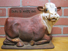 Load image into Gallery viewer, CARL AKEY SAFE-GUARD Old Cast Iron Figural Cow Farm Swine Medicine Advertising Doorstop Bootscraper Statue Store Display