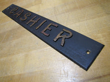 Load image into Gallery viewer, CASHIER Antique Advertising Sign Bronze Embossed Bevel Edge Bank Pawn Shop