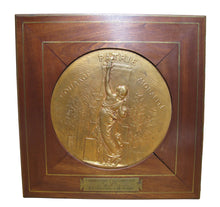 Load image into Gallery viewer, COURAGE PATRIE MORALITE F BARBEDIENNE Antique French Gymnastics Bronze Plaque A PHEE DUBOIS D'ARRES H CHAPU L'UNION DES SOCIETES DE GYMNASTIQUE DE FRANCE a son Membre d'honneur M. LE SENATEUR RENE BESNARD