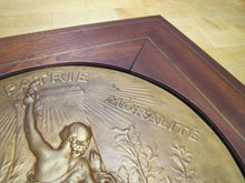 Load image into Gallery viewer, COURAGE PATRIE MORALITE F BARBEDIENNE Antique French Gymnastics Bronze Plaque A PHEE DUBOIS D'ARRES H CHAPU L'UNION DES SOCIETES DE GYMNASTIQUE DE FRANCE a son Membre d'honneur M. LE SENATEUR RENE BESNARD