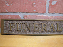 Load image into Gallery viewer, FUNERAL COACH Antique Brass Plaque Sign Hearse Funeral Home Ad Embossed Plaque