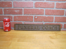 Load image into Gallery viewer, FUNERAL COACH Antique Brass Plaque Sign Hearse Funeral Home Ad Embossed Plaque